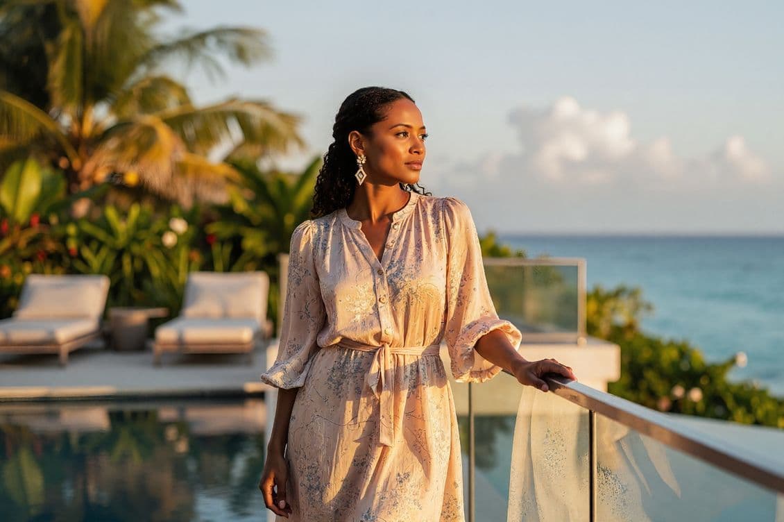 Woman in a light dress standing on a balcony overlooking a pool and ocean, with palm trees in the background, during sunset.