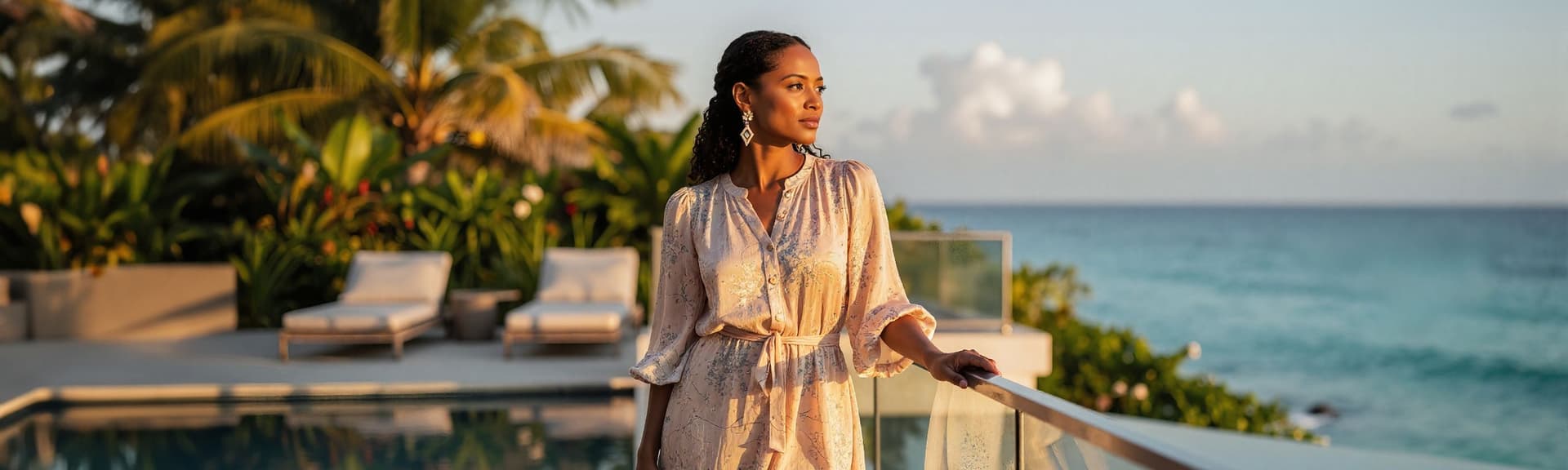 Woman in a light dress standing on a balcony overlooking a pool and ocean, with palm trees in the background, during sunset.