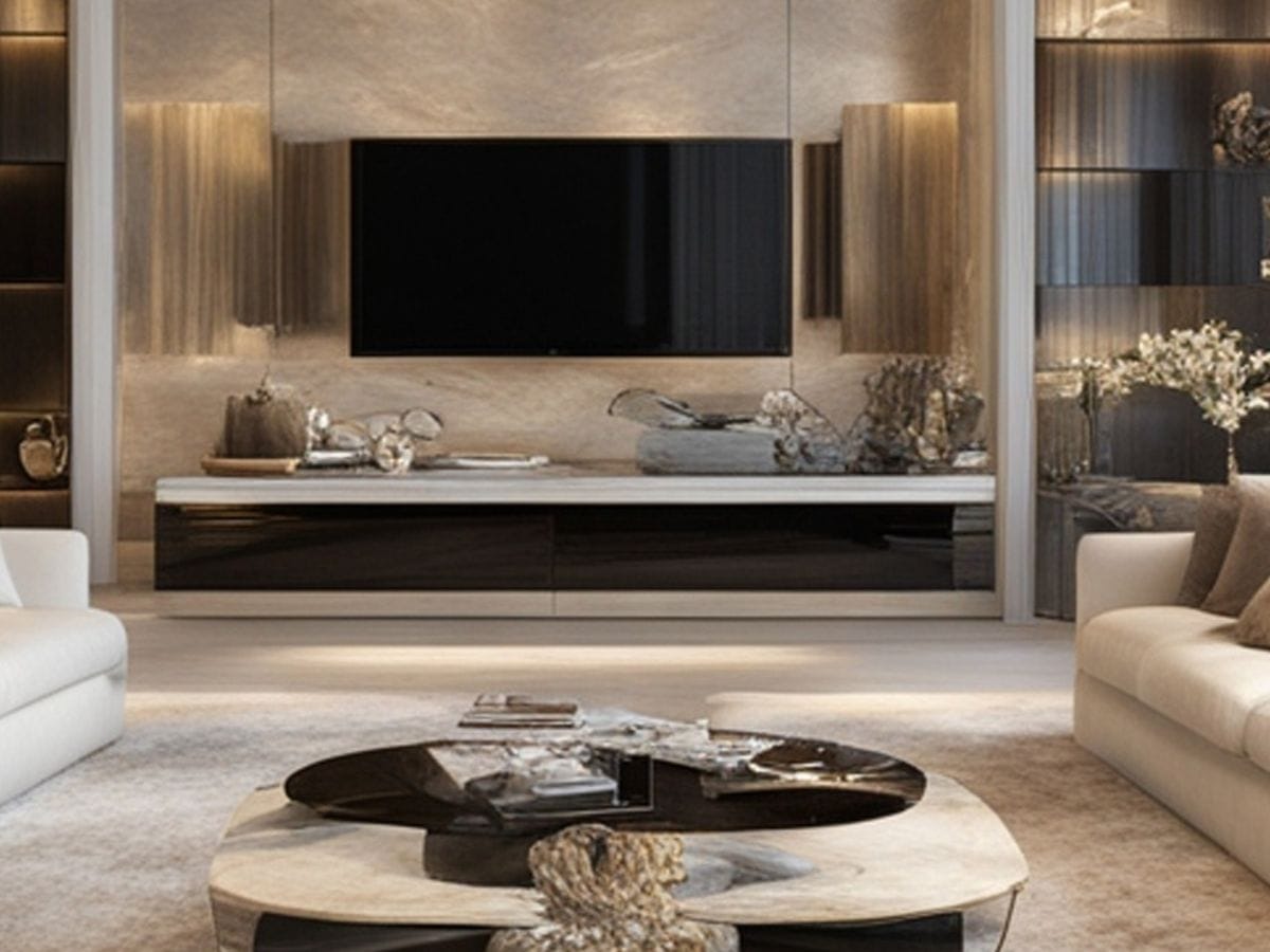 Luxurious living room with two white sofas, a round coffee table, modern decor, and a large TV on a marble wall. Soft lighting enhances elegance.