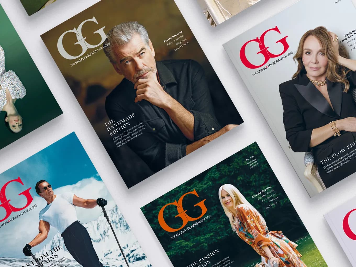 Diagonal collage of GG magazine covers, each with a large GG logo and a portrait of a celebrity in fashionable attire.