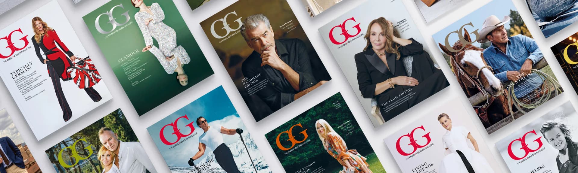 A diagonal collage of front covers from GG magazine, each featuring a large GG logo and a portrait of a celebrity in fashionable clothing.