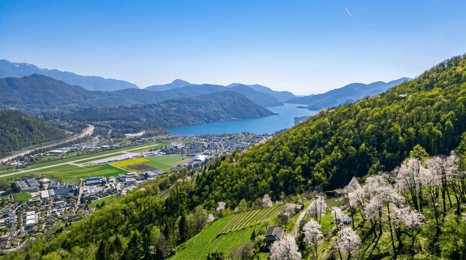 Aerial view of a lakeside town with runway, winding road, green forested hills and blossoming trees beneath blue mountain ridges.