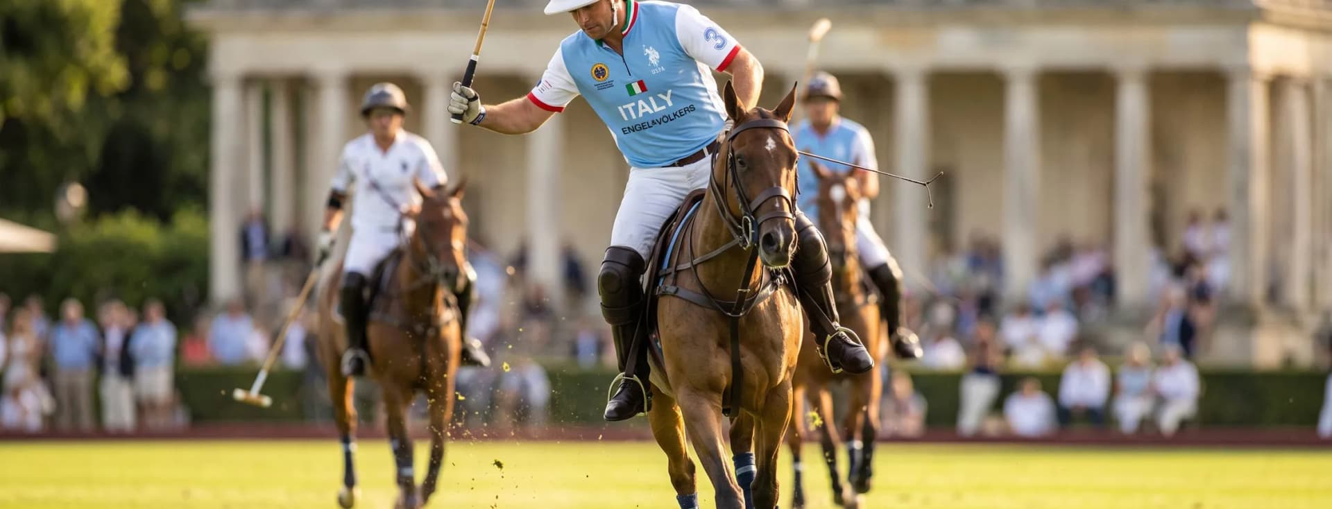 An Italian polo player on a brown horse swings a mallet during a match, with teammates and a cheering crowd in the background. KI-generiertes Bild