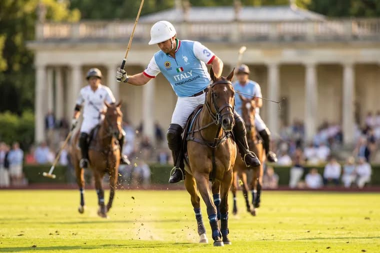 An Italian polo player on a brown horse swings a mallet during a match, with teammates and a cheering crowd in the background.