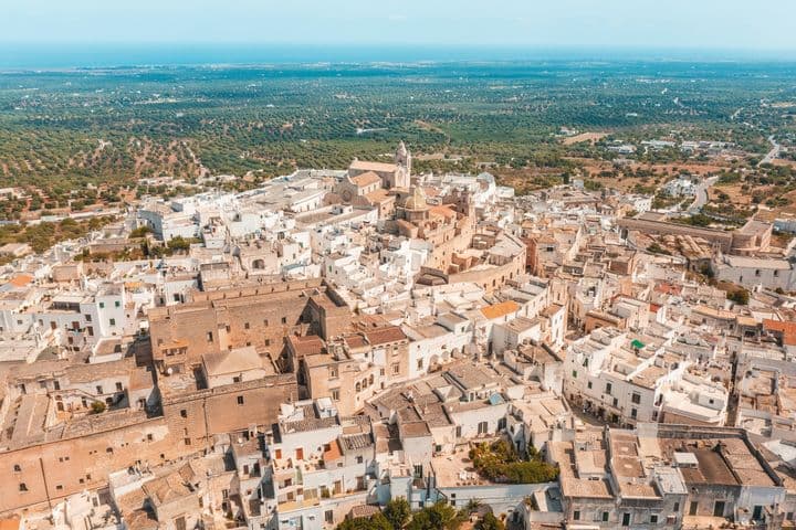 Aerial view of a historic town with white buildings and narrow streets, surrounded by lush greenery under a clear blue sky.