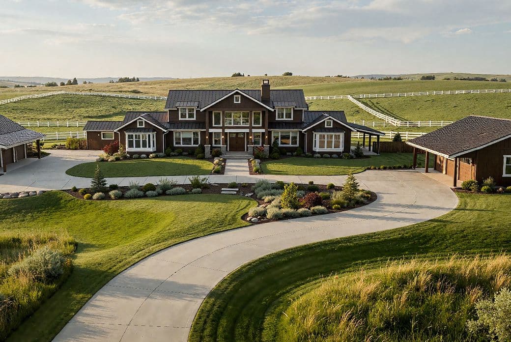 A large, modern farmhouse with a circular driveway, surrounded by green fields and white fences under a blue sky.