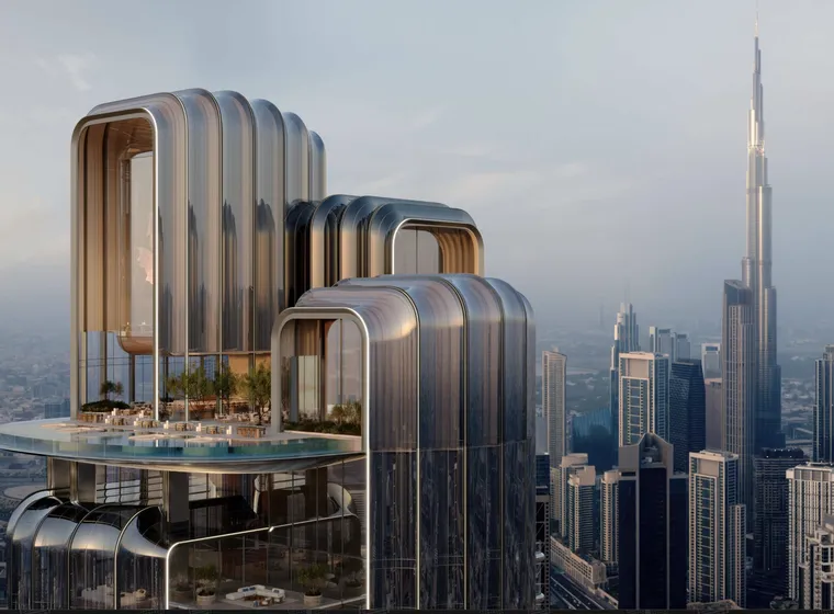 Futuristic skyscraper with curved architecture, rooftop pool, and greenery, set against a city skyline featuring a tall, iconic tower.