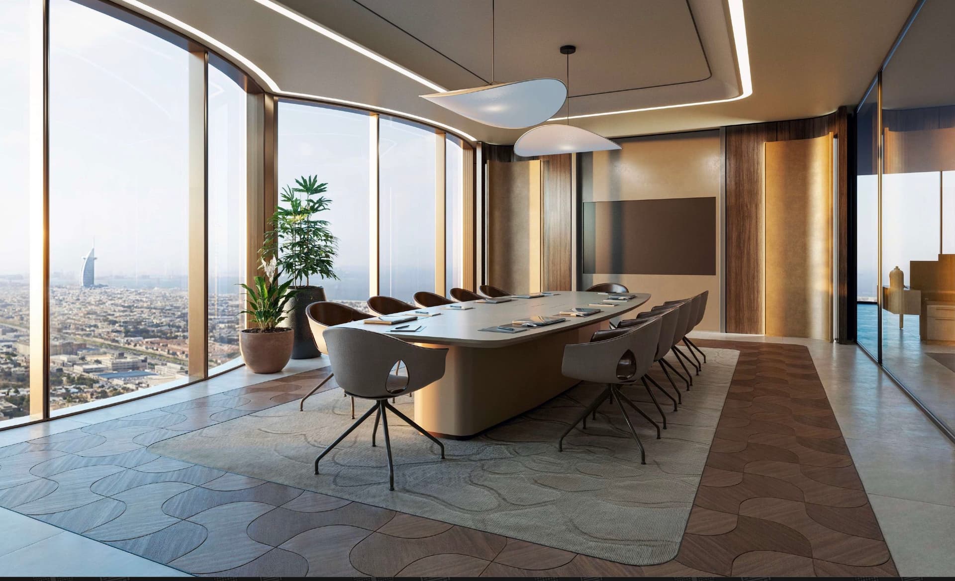 Modern conference room with a long table, chairs, large windows with a city view, sleek lighting, and a potted plant.