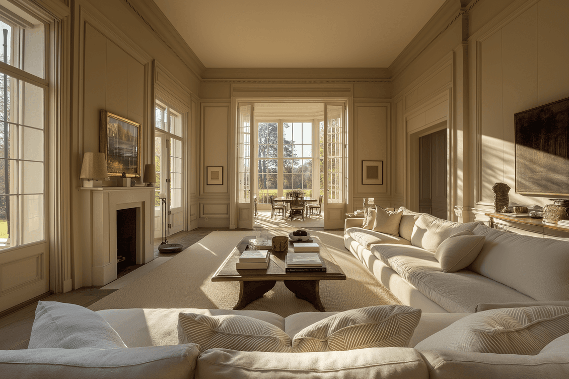 Luxurious bright living room featuring white sectional sofas, large windows with garden views, ornate wall panels, wooden coffee tables, and natural sunlight streaming through French windows creating a sophisticated atmosphere