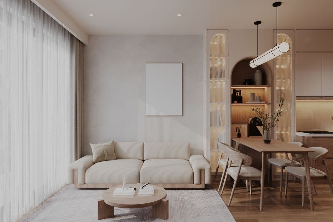 Schön gestaltetes modernes Wohninterieur-Mockup mit farbenfroher Einrichtung, leerer Poster-Wanddekoration, Sofa, Sessel, Tisch und weiteren Elementen. KI-generiertes Bild