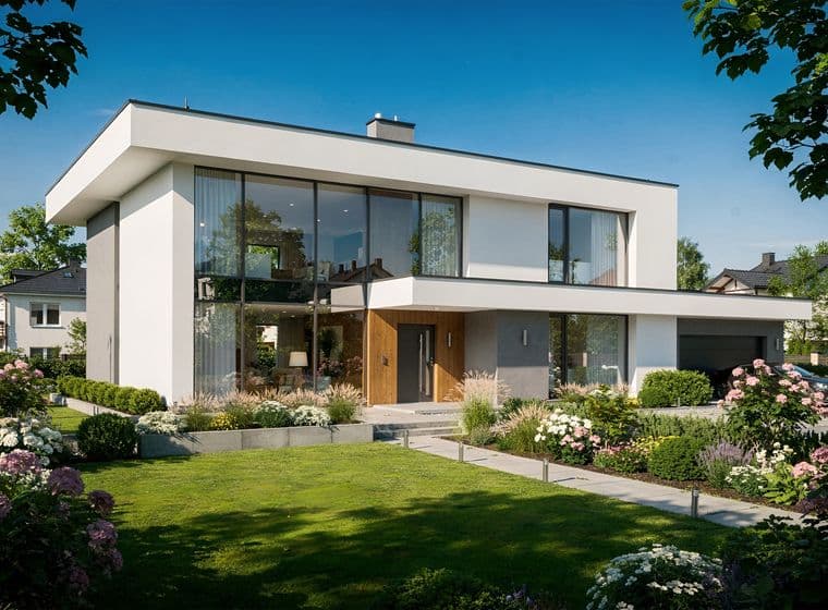 Modern two-story house with large glass windows, surrounded by a lush garden and lawn under a clear blue sky.