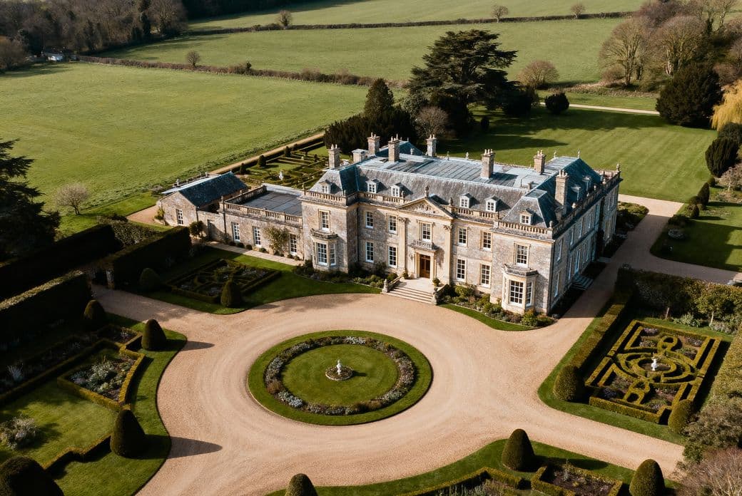 Aerial view of an elegant mansion with a circular driveway, manicured gardens, and expansive green fields surrounded by trees.