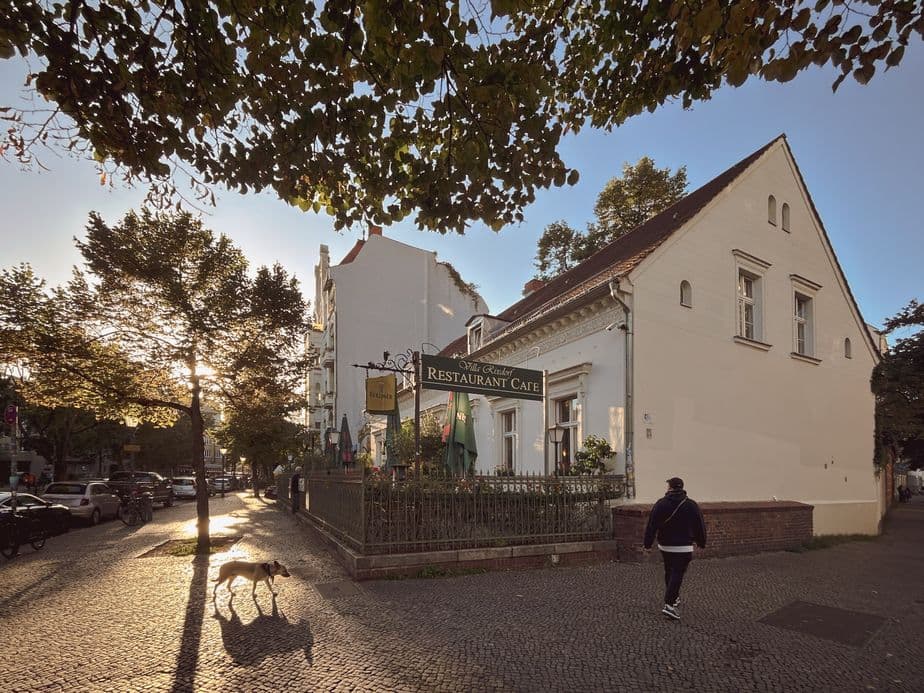 Street scene with a person walking and a dog in the foreground. A restaurant café with a green sign is on the corner, surrounded by trees.