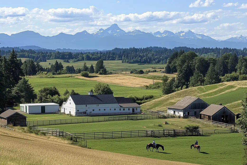 Scenic farmland view with two riders on horseback in a green field, barns, and snow-capped mountains in the background.