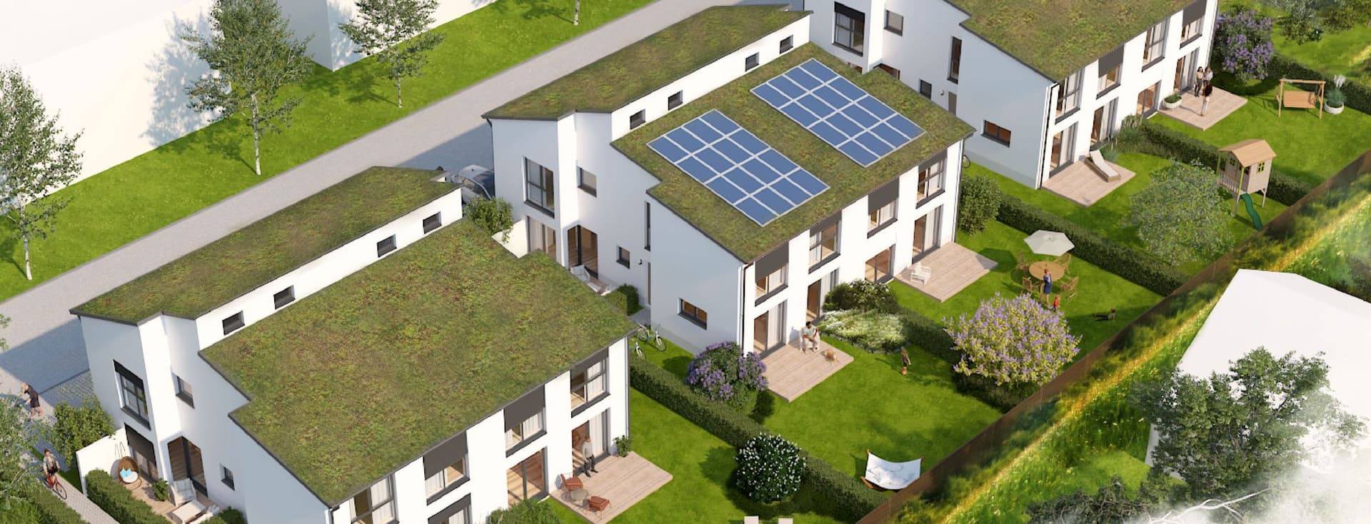 Visualisierung moderner Reihenhäuser mit Gründach, Solaranlage und Garten