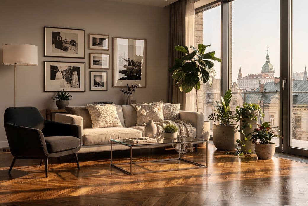 Stylish living room with a beige sofa, black chair, large window, framed art, and several potted plants on a sunlit wooden floor.