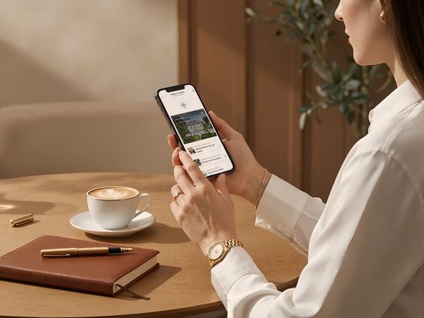 Woman holding a smartphone at a café table with a latte, notebook, and pen. She's wearing a gold watch and white blouse.