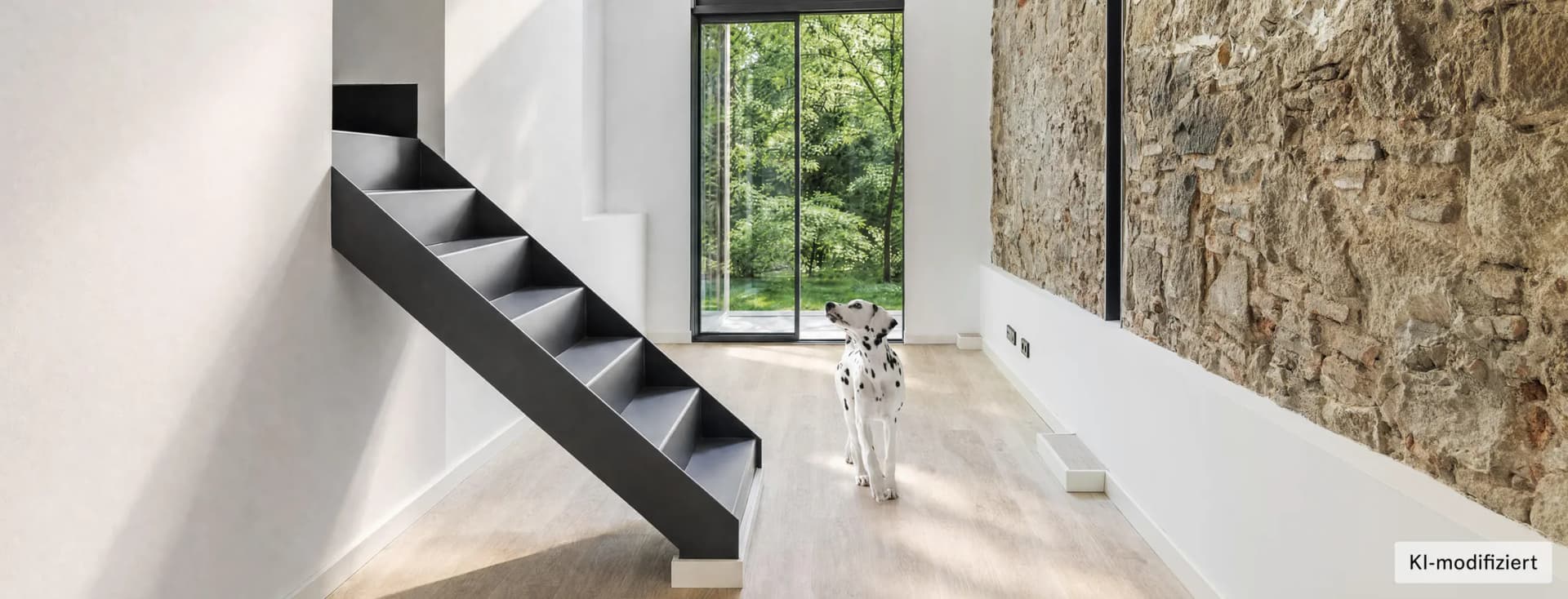 Minimalistisches Interieur mit einer schwarzen Metalltreppe, weißen Wänden und einem Dalmatiner auf einem hellen Holzboden. Im Hintergrund führt eine Terrassentür in den grünen Garten AI-generated image