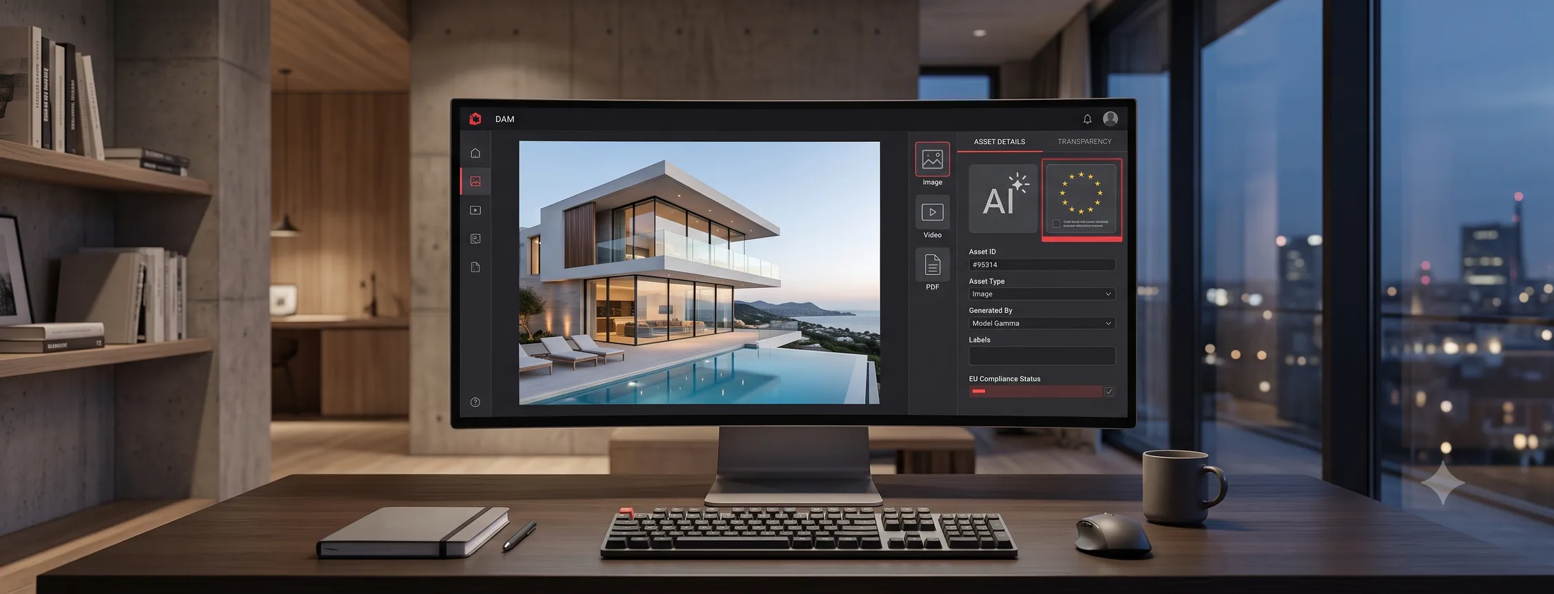 Large monitor on a wooden desk displaying a modern glass house by a pool, in a contemporary office with bookshelves and a cityscape outside. AI-generated image
