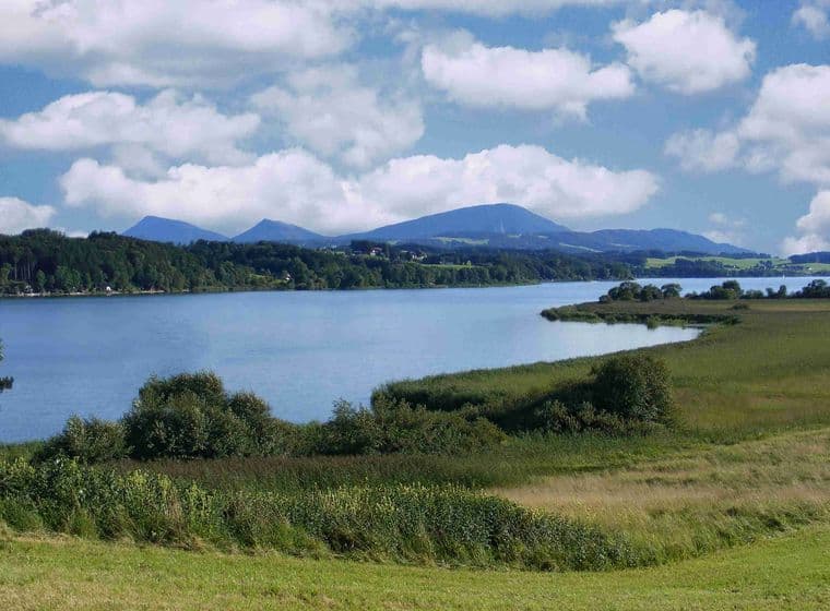 Panoramic view of Lake Wallersee in Austria, showing the serene blue waters surrounded by verdant meadows and natural shorelines. Mountains frame the background under a bright sky with white clouds, while scattered lakeside developments blend harmoniously with the landscape, offering an ideal balance of natural beauty and residential comfort.