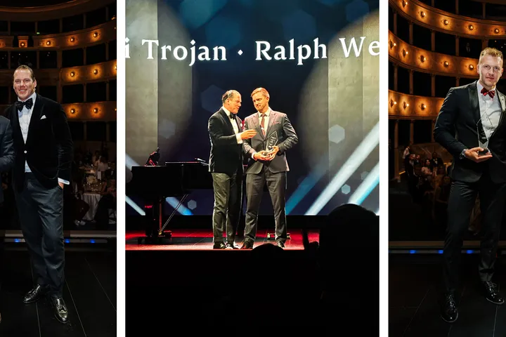 A collage of three photos from the Top Advisor Awards 2026 gala shows David Culík, Jiří Trojan and Tomáš Chovanec receiving their awards on stage.