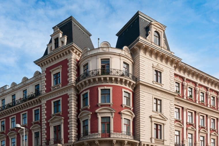 Historisches Mehrfamilienhaus im europäischen Stil mit verschnörkelten architektonischen Details, roter und cremefarbener Fassade, Bogenfenstern und schwarzen, schmiedeeisernen Balkonen unter blauem Himmel.