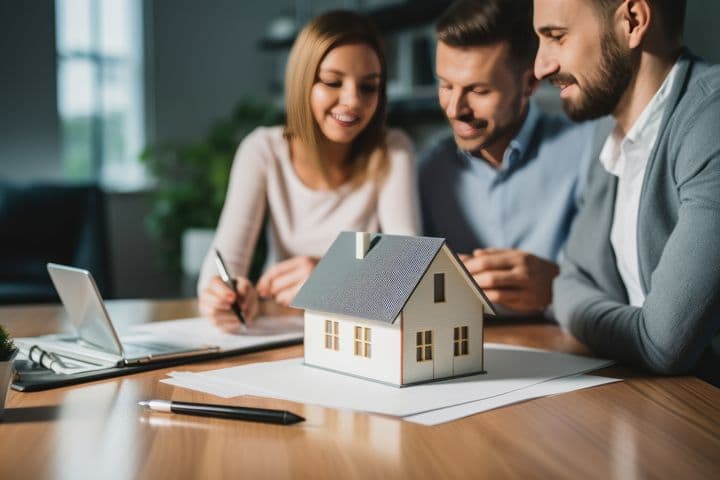 Ein lächelndes Paar sitzt mit einem Immobilienmakler am Tisch und bespricht und unterzeichnet Dokumente für den Kauf eines Hauses. Im Vordergrund symbolisiert ein Hausmodell die Immobilientransaktion. Die Umgebung ist hell und modern, mit einem Laptop und einer dekorativen Pflanze auf dem Tisch.