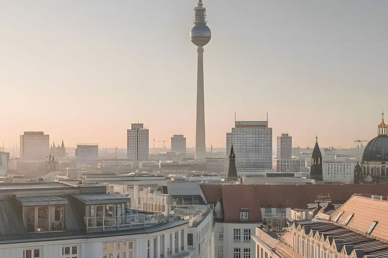 Panoramic Berlin skyline at sunrise with the TV tower and cathedral dome rising above historic rooftops under a pastel sky.
