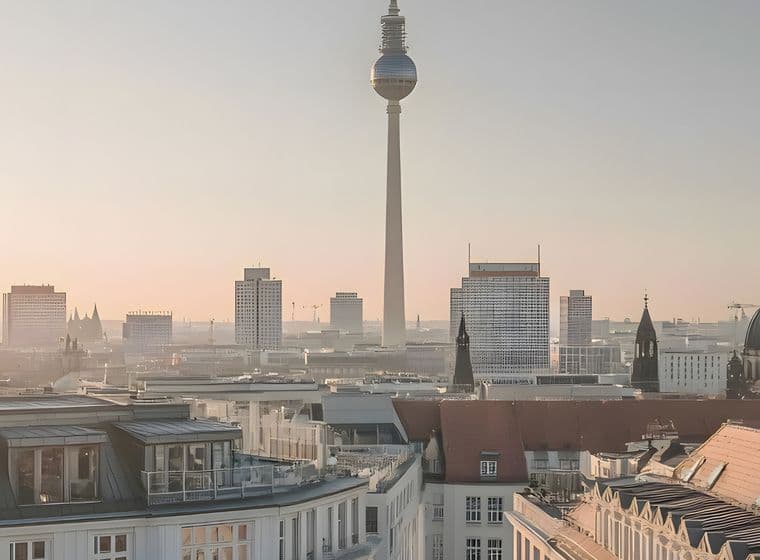 Panoramic Berlin skyline at sunrise with the TV tower and cathedral dome rising above historic rooftops under a pastel sky.