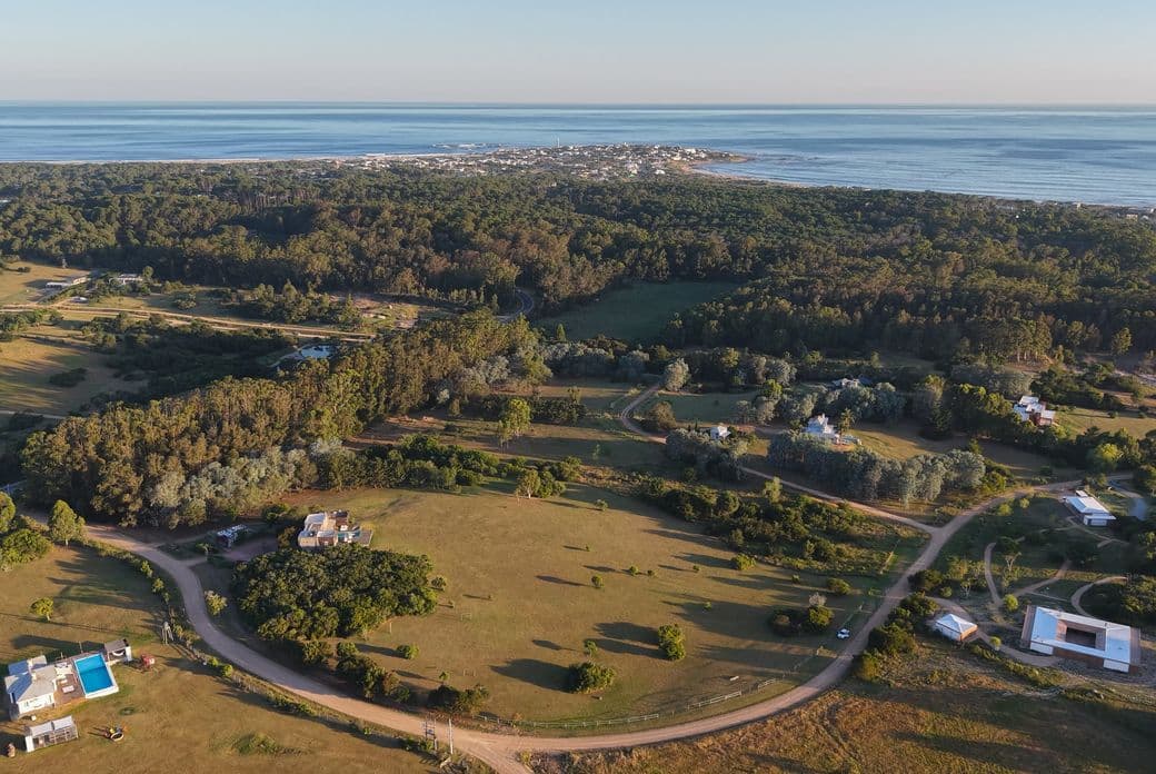 Aerial view of rural landscape with winding dirt roads, scattered houses, wooded hills and a coastal town on the ocean horizon.
