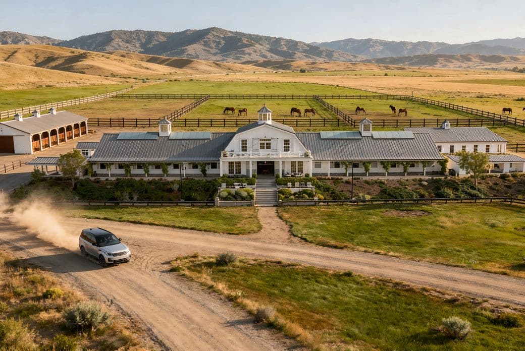 Aerial view of a large white ranch house with surrounding barns, fenced fields, and mountains in the background. A car drives on a dirt road.