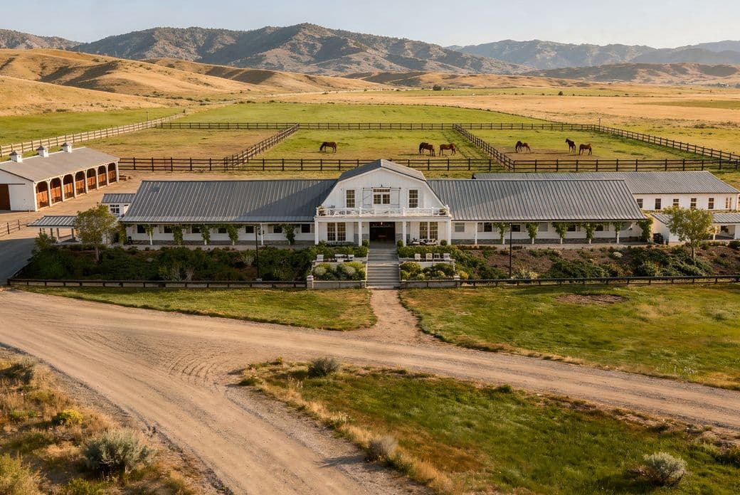 Aerial view of a large ranch with a white farmhouse, fenced fields, horses grazing, and mountains in the background.