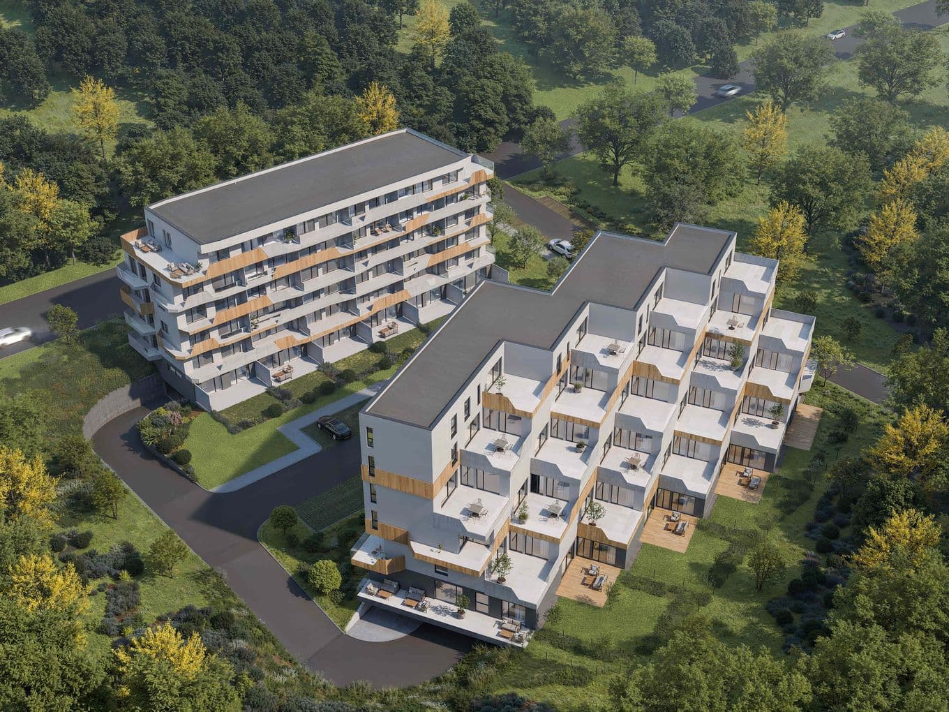 Aerial visualization of the Terasy Sylván residential development featuring two modern apartment buildings with spacious terraces and balconies, surrounded by greenery, mature trees, and landscaped outdoor areas. Obrázek vygenerovaný umělou inteligencí