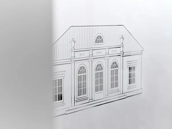 Line drawing of a classical building with arched windows and a gabled roof, partially obscured by a blurred foreground.