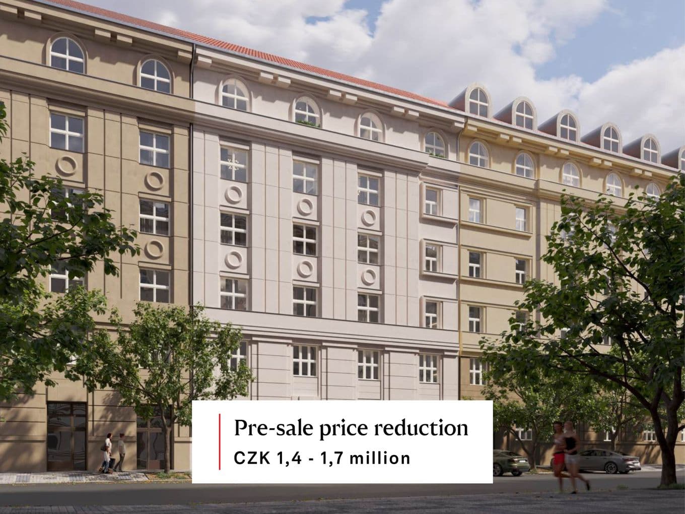Bright rendering of a multi-storey building’s front façade featuring a symmetrical layout, rectangular windows, and circular reliefs between them. The top floor has arched windows. In the foreground, simplified figures of pedestrians, a tree, and a parked car appear, all in a uniform light tone.