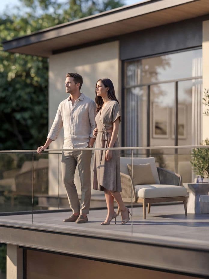 A couple stands on a modern balcony, enjoying the view. The outdoor area features minimalist furniture and surrounding greenery.