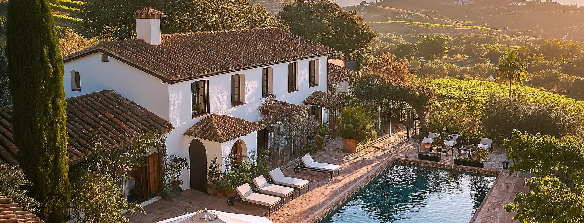 Traditional Italian villa with terracotta roof tiles and white facade featuring swimming pool with sun loungers, outdoor umbrellas, tall cypress trees, surrounded by rolling vineyard hills and golden countryside under warm evening light