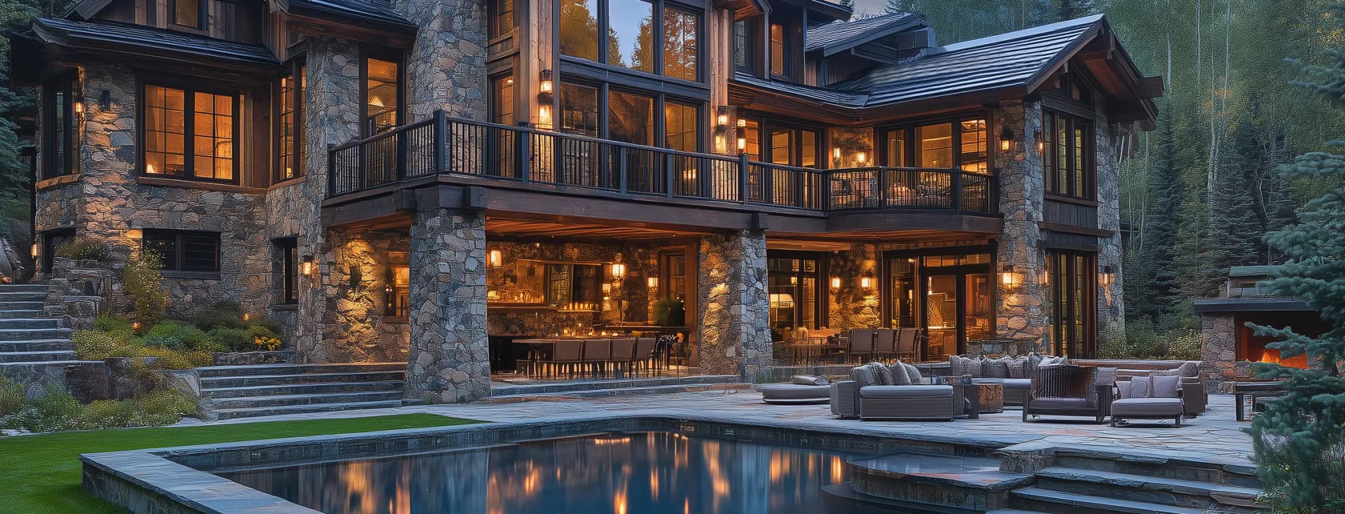 Stunning contemporary mountain lodge featuring stone and timber construction, large windows with warm interior lighting, infinity swimming pool with outdoor seating area, surrounded by evergreen forest and dramatic mountain peaks under sunset sky