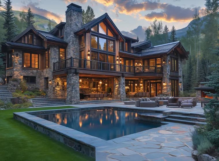 Stunning contemporary mountain lodge featuring stone and timber construction, large windows with warm interior lighting, infinity swimming pool with outdoor seating area, surrounded by evergreen forest and dramatic mountain peaks under sunset sky
