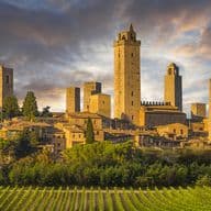 Medieval town with numerous stone towers, surrounded by lush vineyards and greenery, under a dramatic, cloudy sky at sunset.