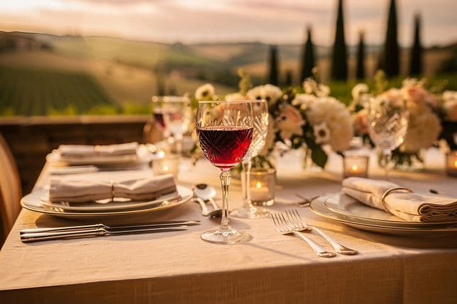 Elegant outdoor dining setup with a glass of red wine, floral centerpiece, candles, and rolling vineyard hills in the background at sunset.