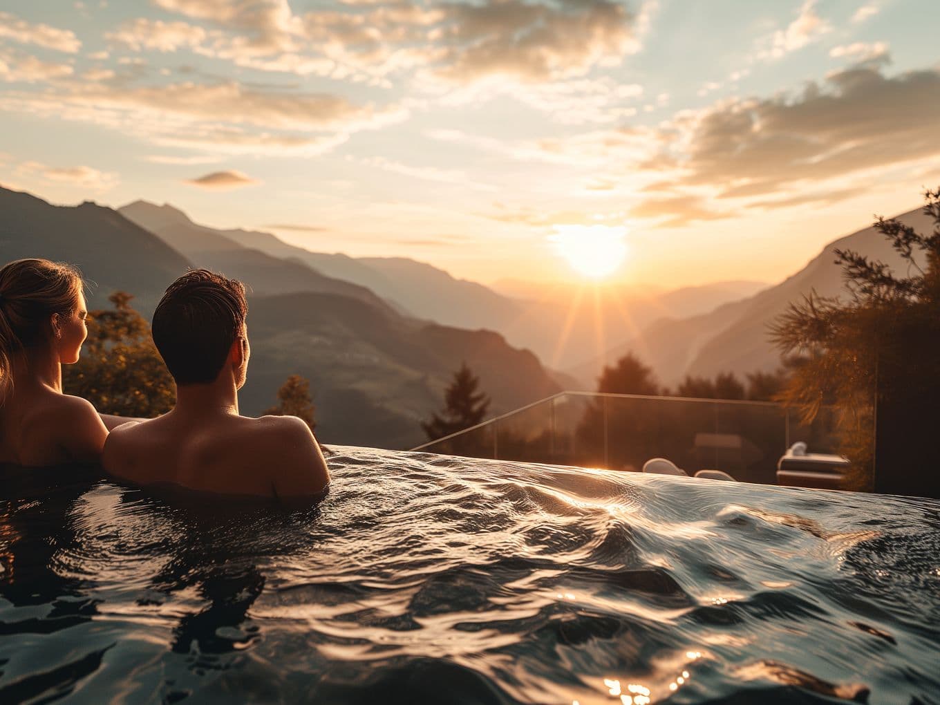 Paar entspannt im Infinity-Pool mit Blick auf die Tiroler Berglandschaft bei Sonnenuntergang