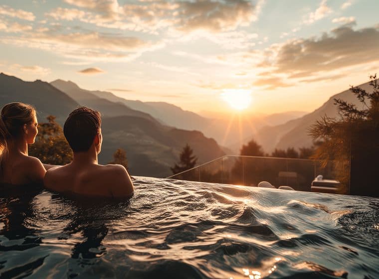 Couple relaxing in the infinity pool overlooking the Tyrolean mountain landscape at sunset