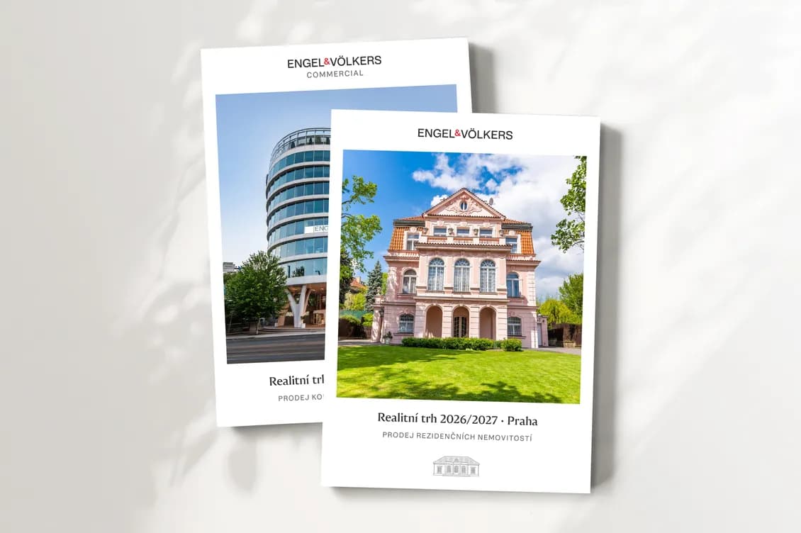 Two overlapping Engel & Völkers real estate reports featuring photographs of residential and commercial properties in Prague.