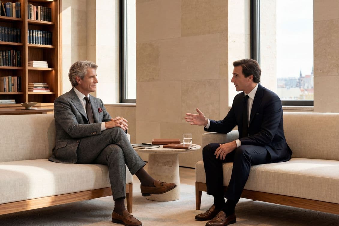 Advisor advises a customer in a hotel lounge