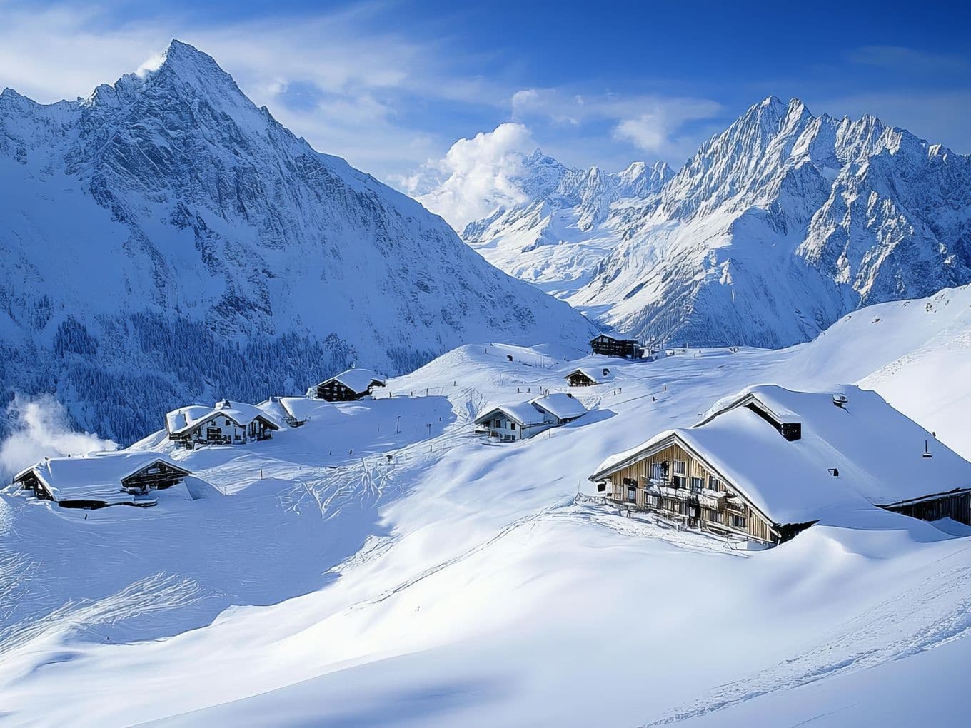Winterliche Chalets in den Tiroler Alpen mit schneebedeckten Dächern und imposantem Bergpanorama im Hintergrund im Ötztal