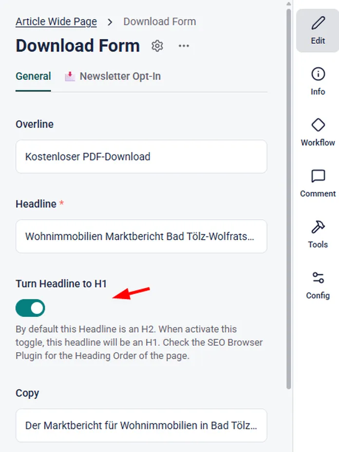Screenshot of a download form with options to edit, turn headline to H1, and add newsletter opt-in. A toggle is shown enabled.