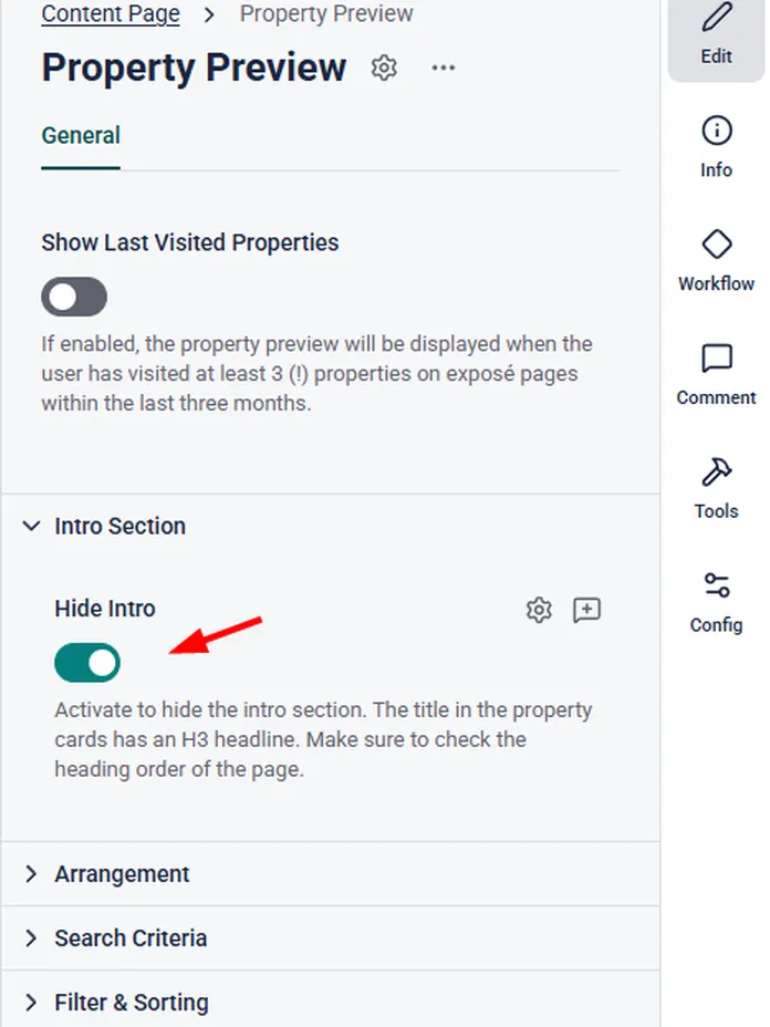 Screenshot of a property settings page showing "Property Preview" options, including "Hide Intro" toggle switched on with a red arrow pointing to it.