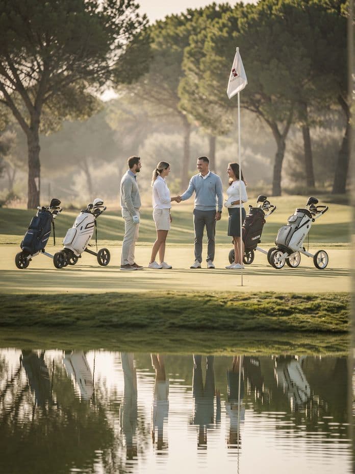Four people on a golf course by a pond, shaking hands near the hole, with golf bags nearby and trees in the background.