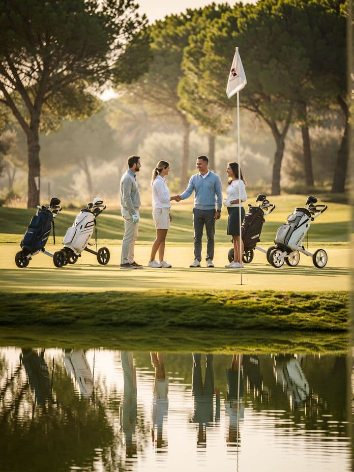 Four golfers on a course near a flagpole, two men shaking hands, two women standing nearby, with golf bags and trees in the background.